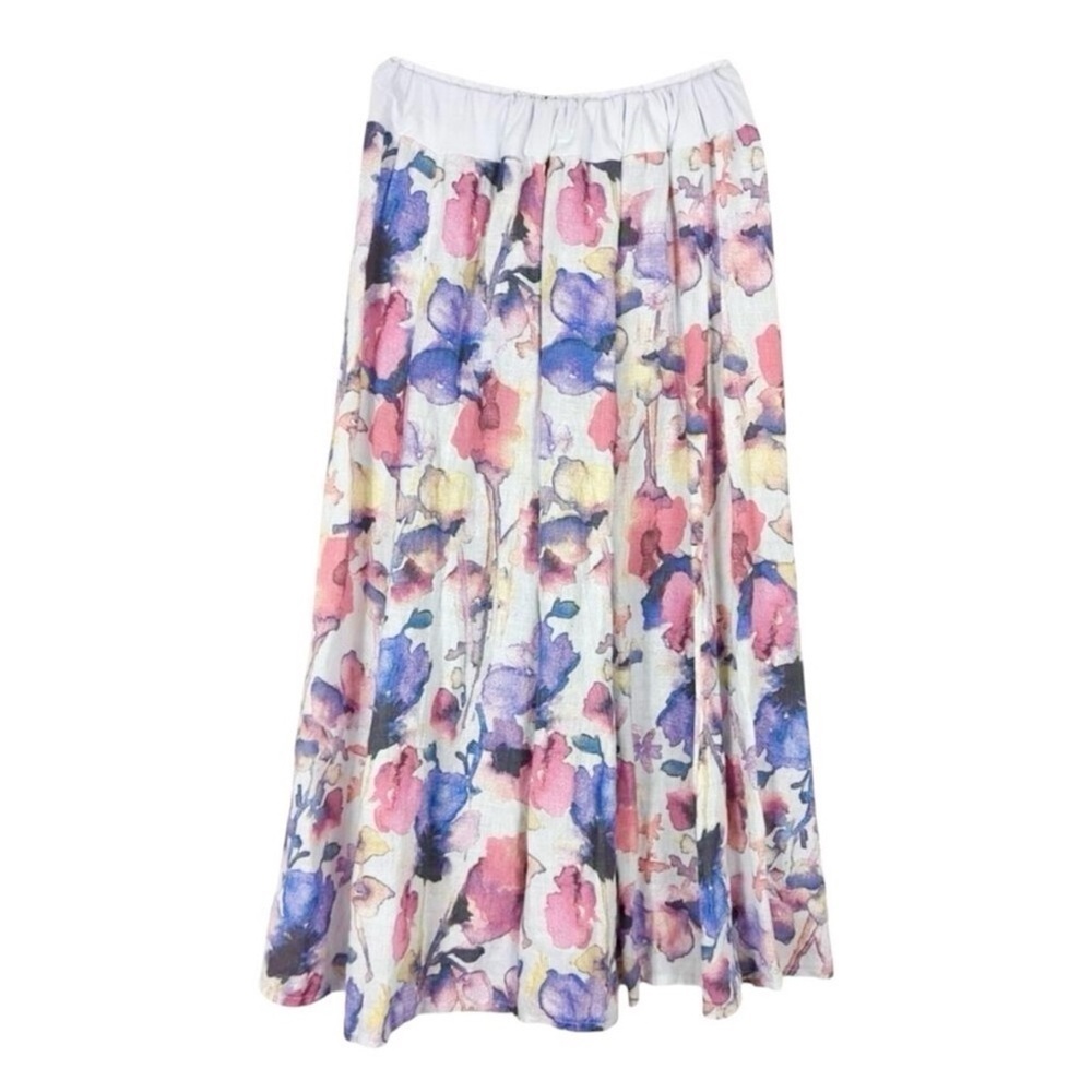 Luca Vanucci 100% Linen Stretch Waist Watercolor Pastel Floral Midi Skirt Size M - Picture 3 of 5